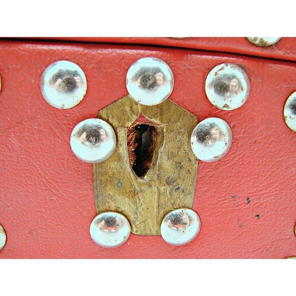Red Leather Silver Stud Jewelry Trinket Trunk Box 6" Fashion Storage Box No Key - Picture 5 of 12